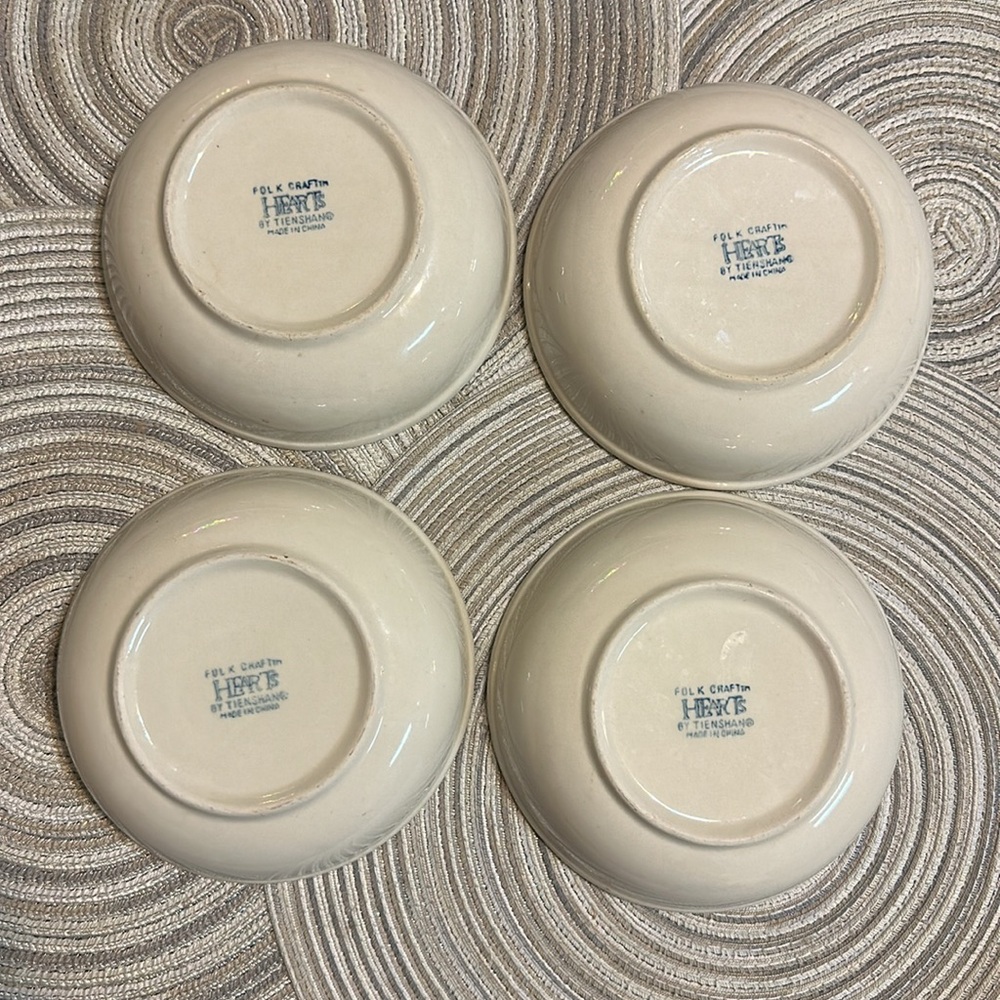 Folk Craft by Tienshan Made in China Blue and White Heart Pattern Bowls 4 pc set - Picture 2 of 6